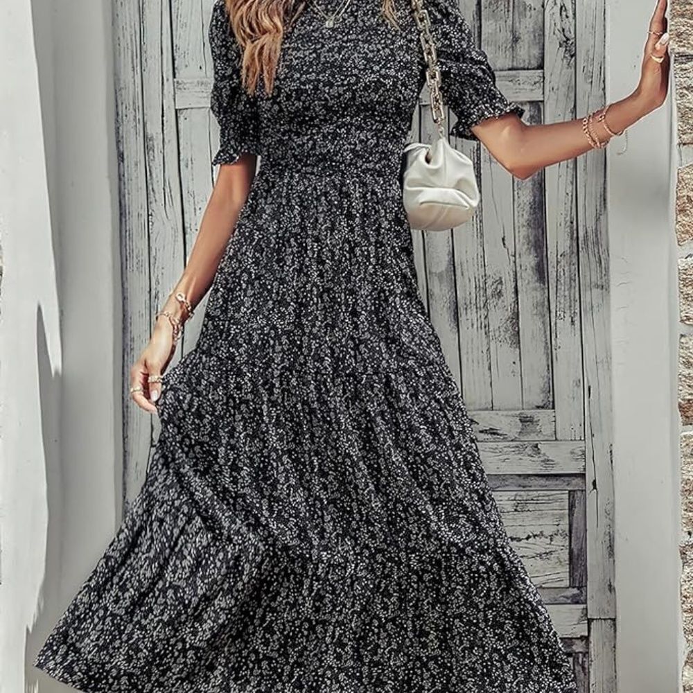 Spring Crew Neck Ruffle Short Sleeve Floral Print Smocked Boho Flowy Maxi Dress